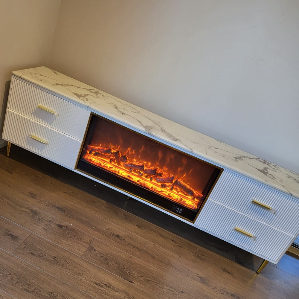 Classy Modern White MDF Material with Bronze Stainless Steel Frame and White Grey Marble TV Cabinet with a Fireplace Reflector and a Remote