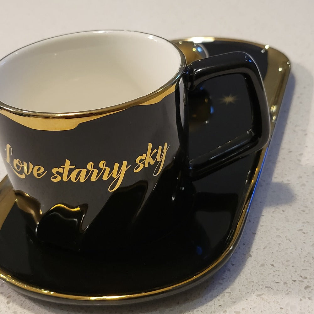 Black Golden Trim Modern Stars Style Tea Cup, a Saucer and Gold Spoon