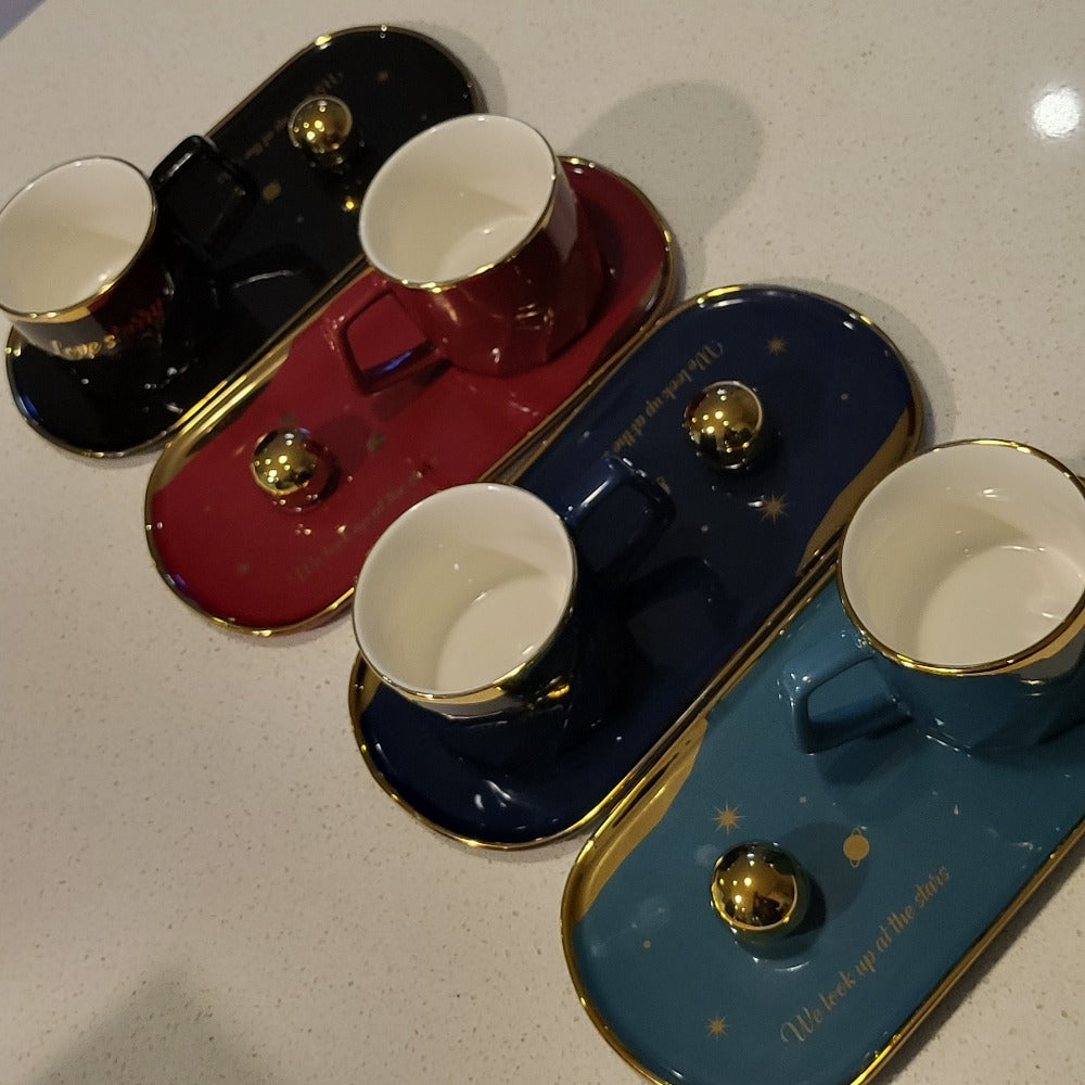 Golden Trim Modern Stars Style Tea Cup, a Saucer and Gold Spoon sets