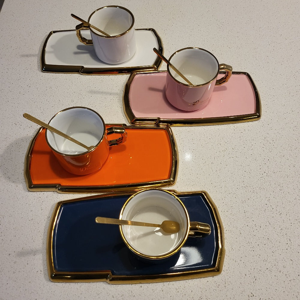 Golden Trim Modern Style Tea Cup, a Saucer and Gold Spoon sets