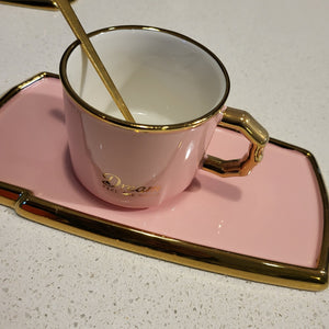 Golden Trim Modern Style Tea Cup, a Saucer and Gold Spoon