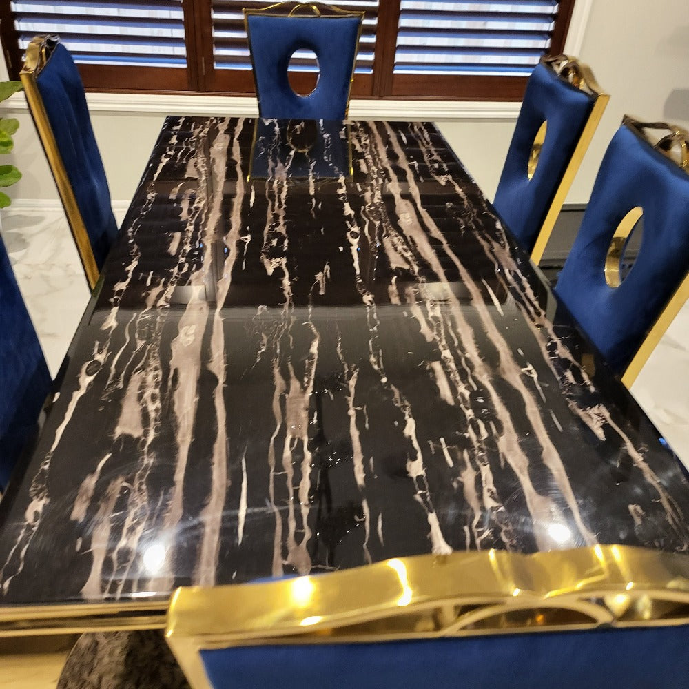 Classy U-Shaped Marble Dining Table With Circle White Leather Style Dining Room Chairs in Gold Stainless Steel Frame