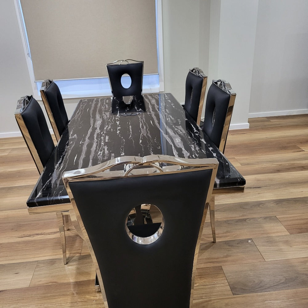 U-Shaped Classic Marble Dining Table With Black Leather Classic Circle Style Dining Room Chairs in Silver Stainless Steel Frame