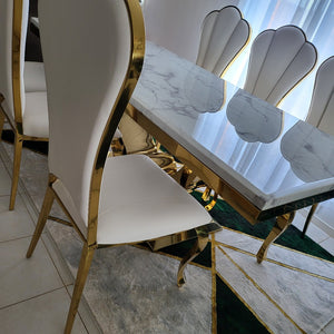Modern Gold U-Shaped White-Grey Marble Dining Table With White Leather Nelly Dining Room Chairs in Gold Stainless Steel Frame
