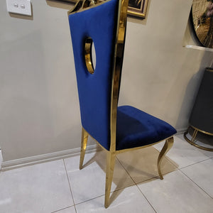 Modern Blue Velvet Cushioned and Comfortable Dining Room Chairs in Gold Stainless Steel Frame