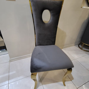 Stylish Grey Velvet Cushioned and Comfortable Dining Room Chairs in Gold Stainless Steel Frame