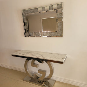 GG Style Marble Hallway Console Table in Silver Stainless Steel Frame with Diamond Crushed Rectangular Mirror classy