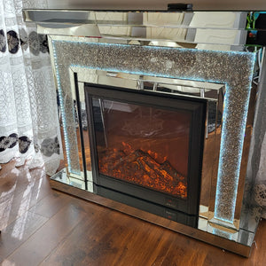 Elegant Glass Mirrored Decorative Floating Crystal Fireplace Reflector with Diamond-Crushed Silver Glass