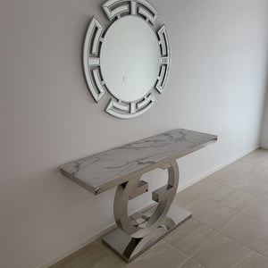 GG Style White Grey Marble Hallway Console Table in Silver Stainless Steel Frame with Circle Mirror classy