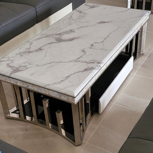Luxury RBM Classic Home Online Furniture Store / Shop with Elegant Modern-Designed Marble Coffee Table with 2 Drawers in Silver Stainless Steel Frame