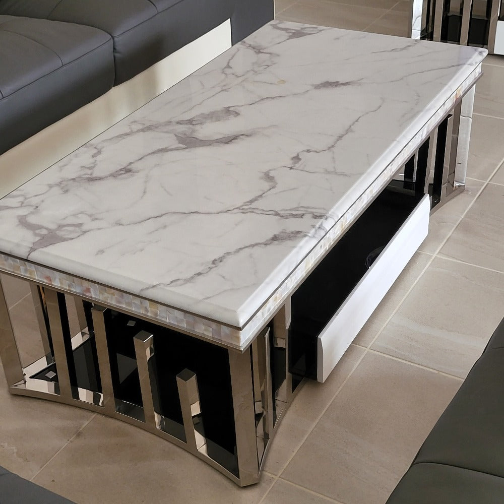 Luxury RBM Classic Elegant Modern-Designed Marble Coffee Table with 2 Drawers in Silver Stainless Steel Frame