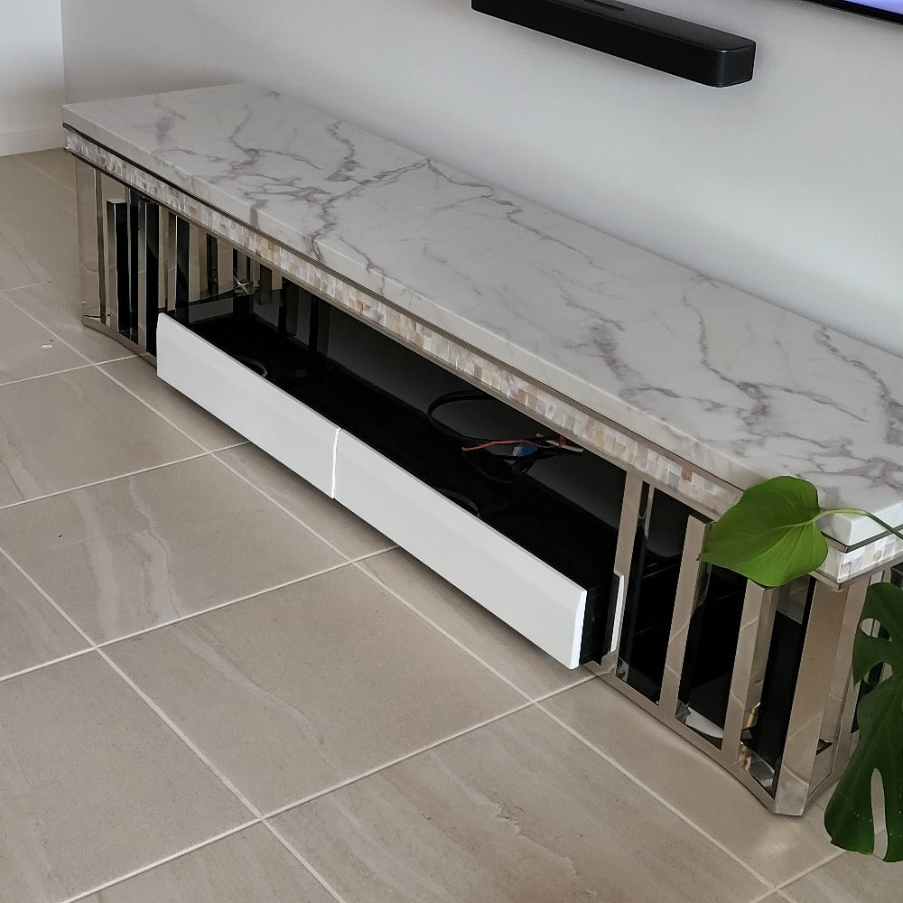 RBM Classic Home Online Furniture with Modern TV Stand with 2 Drawers in Silver Stainless Steel Frame