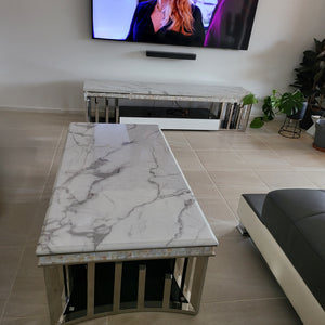 Luxury RBM Classic Elegant Modern-Designed Marble Coffee Table with 2 Drawers in Silver Stainless Steel Frame