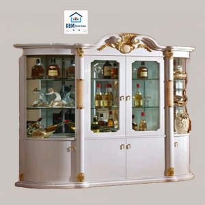 sleek and contemporary wine/buffet cabinet, featuring six soft-closed doors and six open shelves for a truly fashionable appeal with white and gold trims