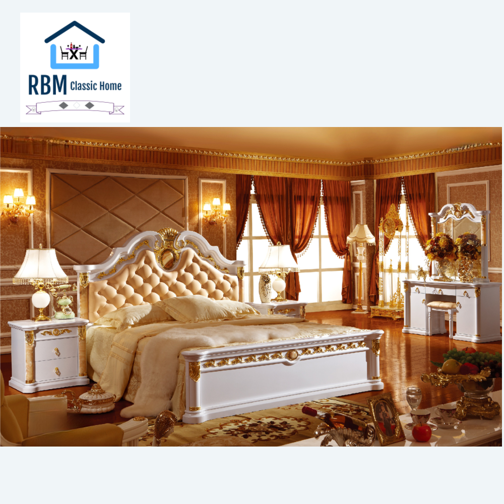 Traditional Bed Set/suite includes a Bed, Mattress, Two Side Tables, a Dressing Table, and a Stool in Classy Modern MDF Material.