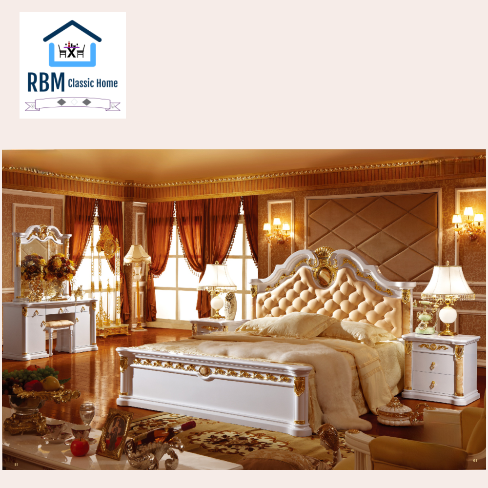 Traditional Bed Set/suite includes a Bed, Mattress, Two Side Tables, a Dressing Table and a Stool in Classy Modern MDF Material.