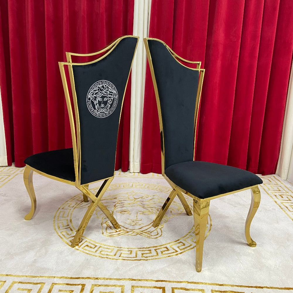Elegant Marble Dining table with 6 Classy Black Velvet Dining Room Chairs in Gold Stainless Steel Frame