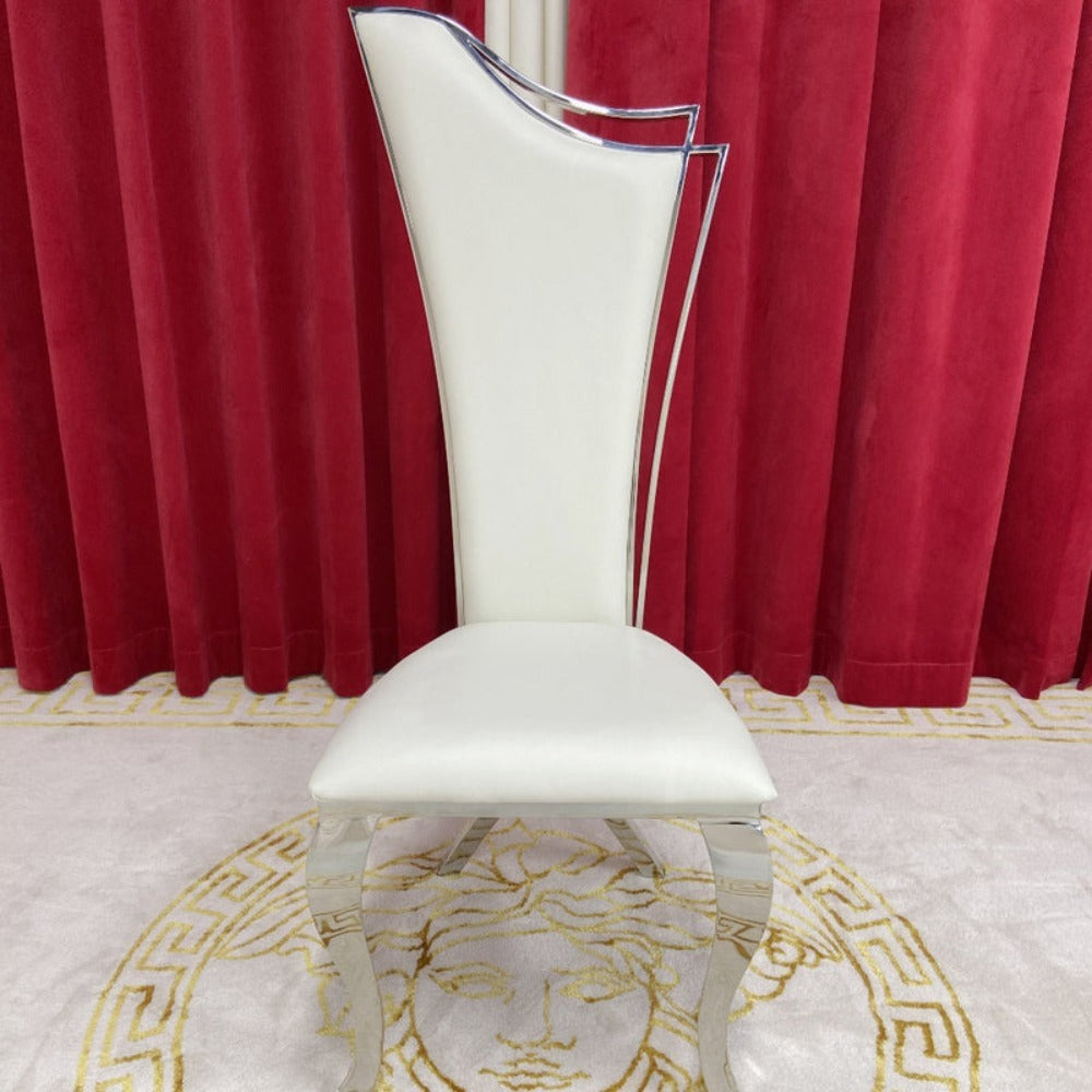 Marble Dining Table with 6 Classy White Dining Room Chairs in Silver Stainless steel frame