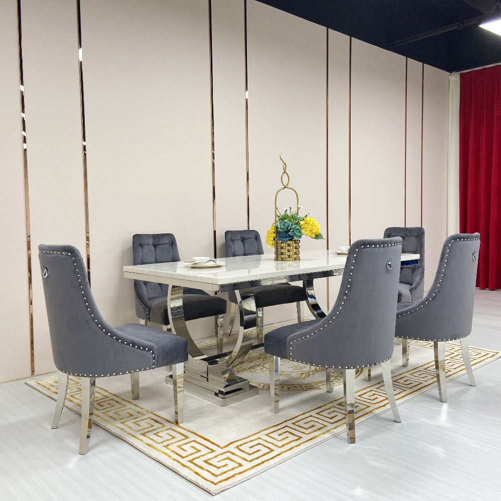 Rectangular Marble Dining Table with Silver Stainless Steel frame