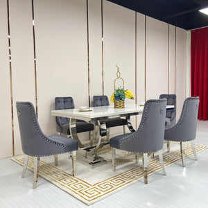 Rectangular Marble Dining Table with Silver Stainless Steel frame