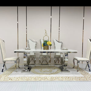 Marble Dining Table with 8 Dining Room Chairs in Stainless Steel frame
