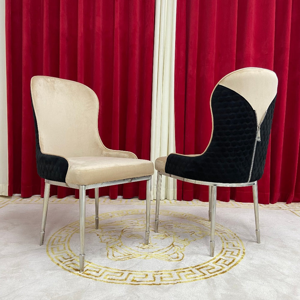 Classy Marble Dining Table With Cream and Black Classy Dining Room Chairs in Silver Stainless Steel Frame