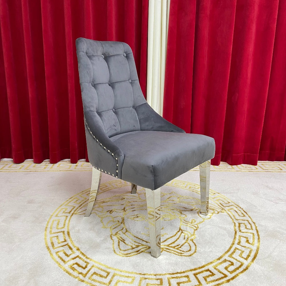 Elegant Marble Dining table with 6 Modern Grey Velvet Dining Room Chairs in Stainless Steel Frame