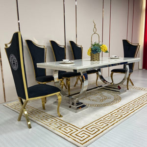 Marble Dining Table with 8 Classy Velvet Dining Room Chairs in Gold Stainless Steel frame
