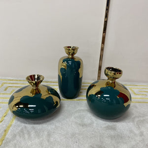 Ceramic Decorative Stands set of 3 in Green and Gold