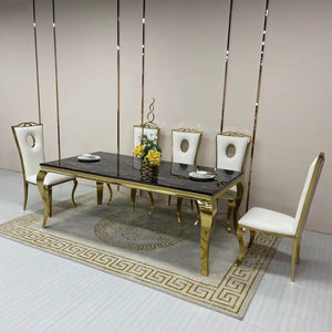 Traditional Marble Dining with 8 White Leather Dining Room Chairs in Gold Stainless Steel frame