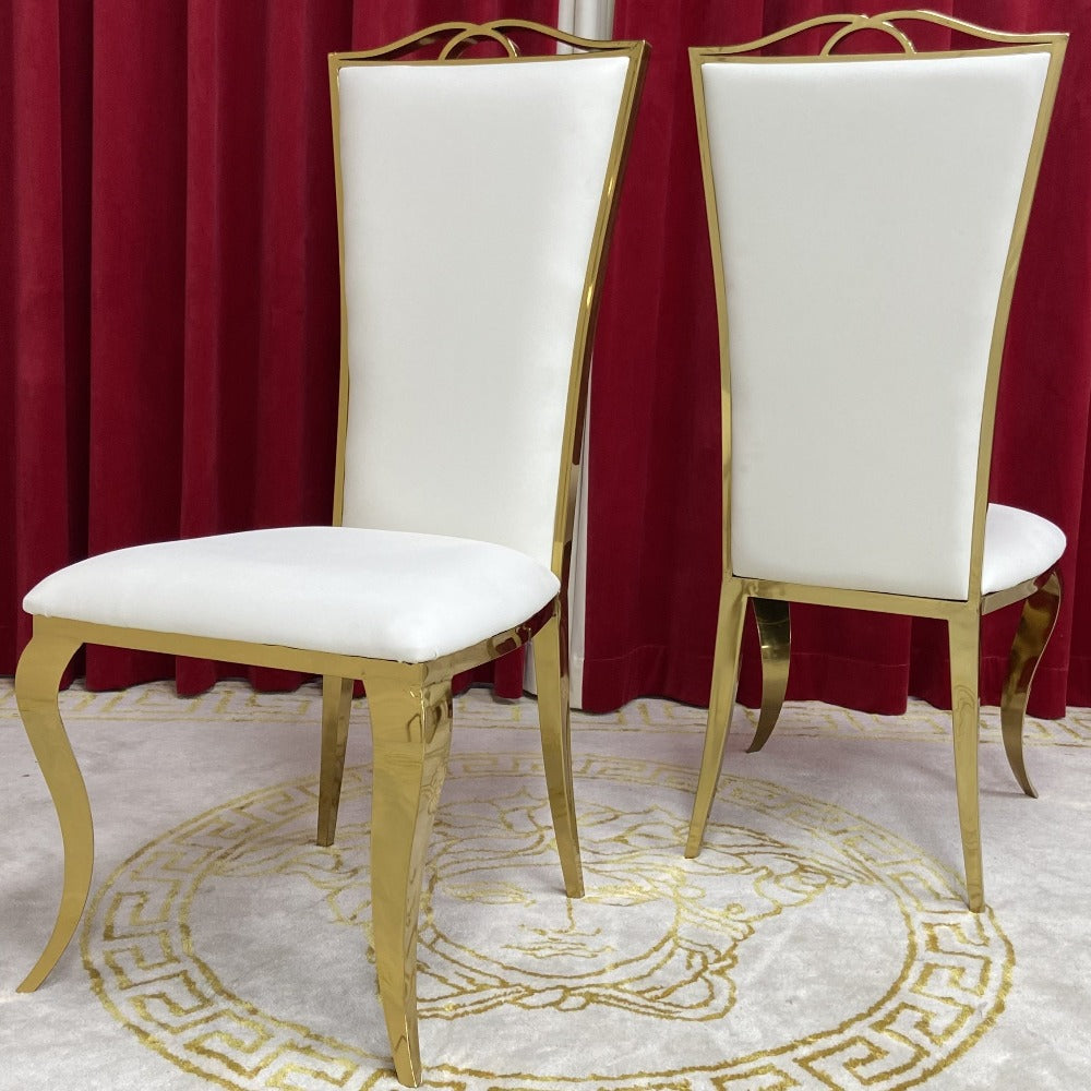 Gold Stainless Steel Framed Dining Chairs with White Leather