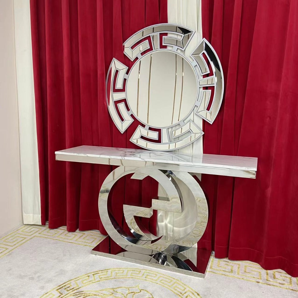 GG Style White Grey Marble Hallway Console Table in Silver Stainless Steel Frame with Circle Mirror classy