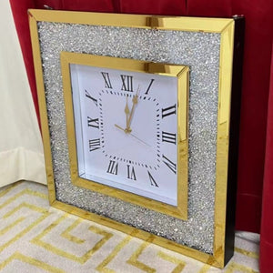 Diamond Crushed Glass Mirrored Silent Wall Clock with an Elegant, Luxurious Look for Perfect Decoration in Classic Gold Colour 