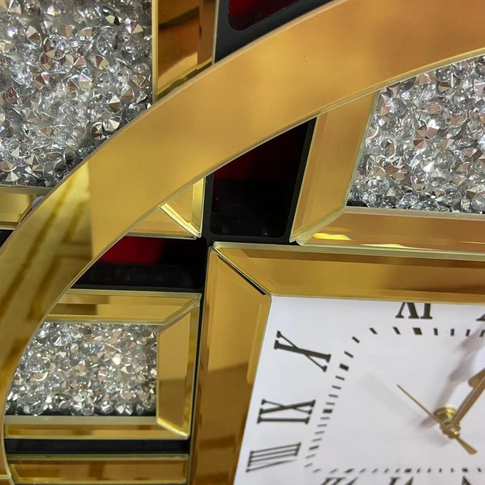 Gold Modern-Designed Diamond Crushed Glass Mirrored Silent Wall Clock with an Elegant, Luxurious Look for Perfect Decoration