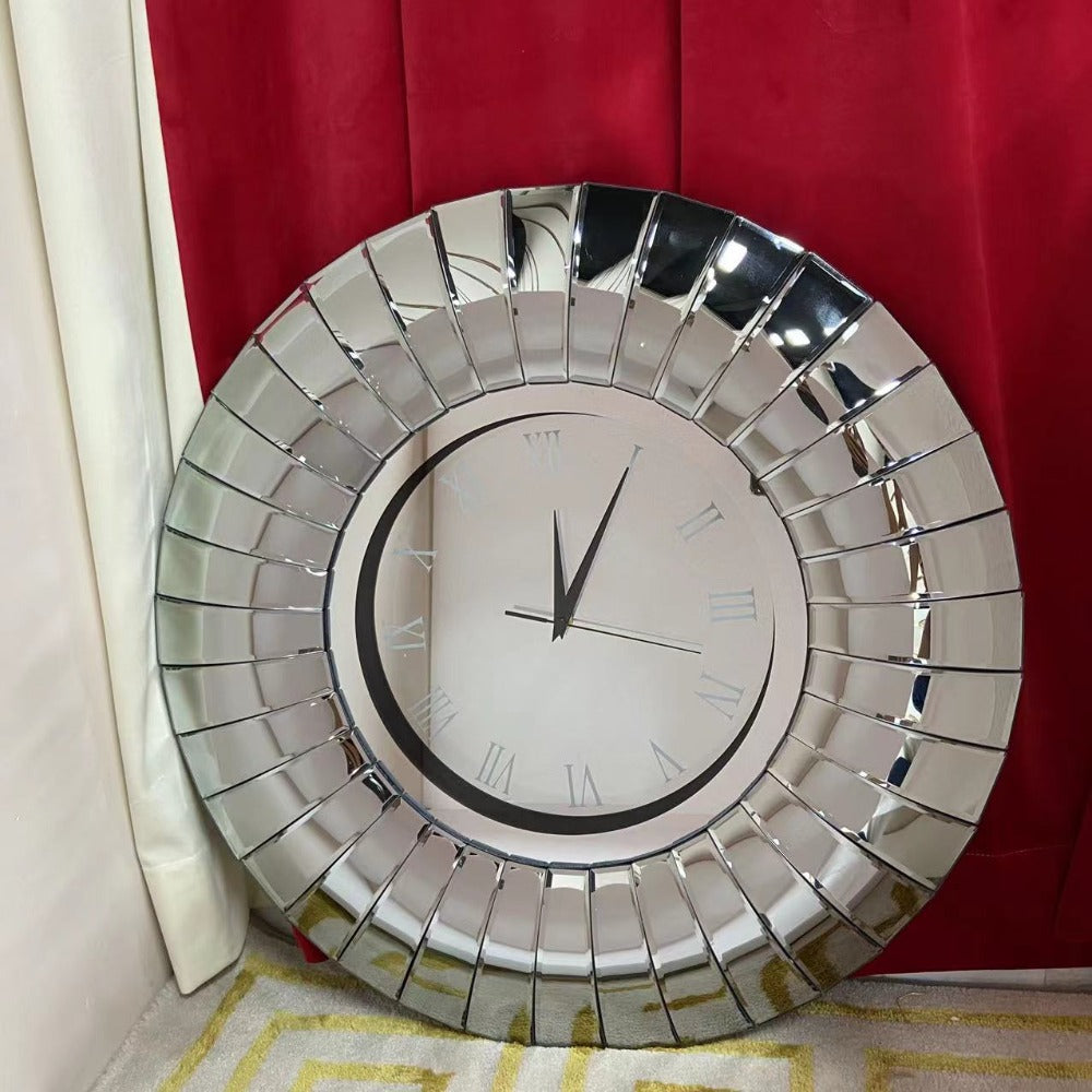 Elegant and Classy RBM Classic Home Glass Mirrored Silent Wall Clock in Silver, Wheel Shaped Classic Design