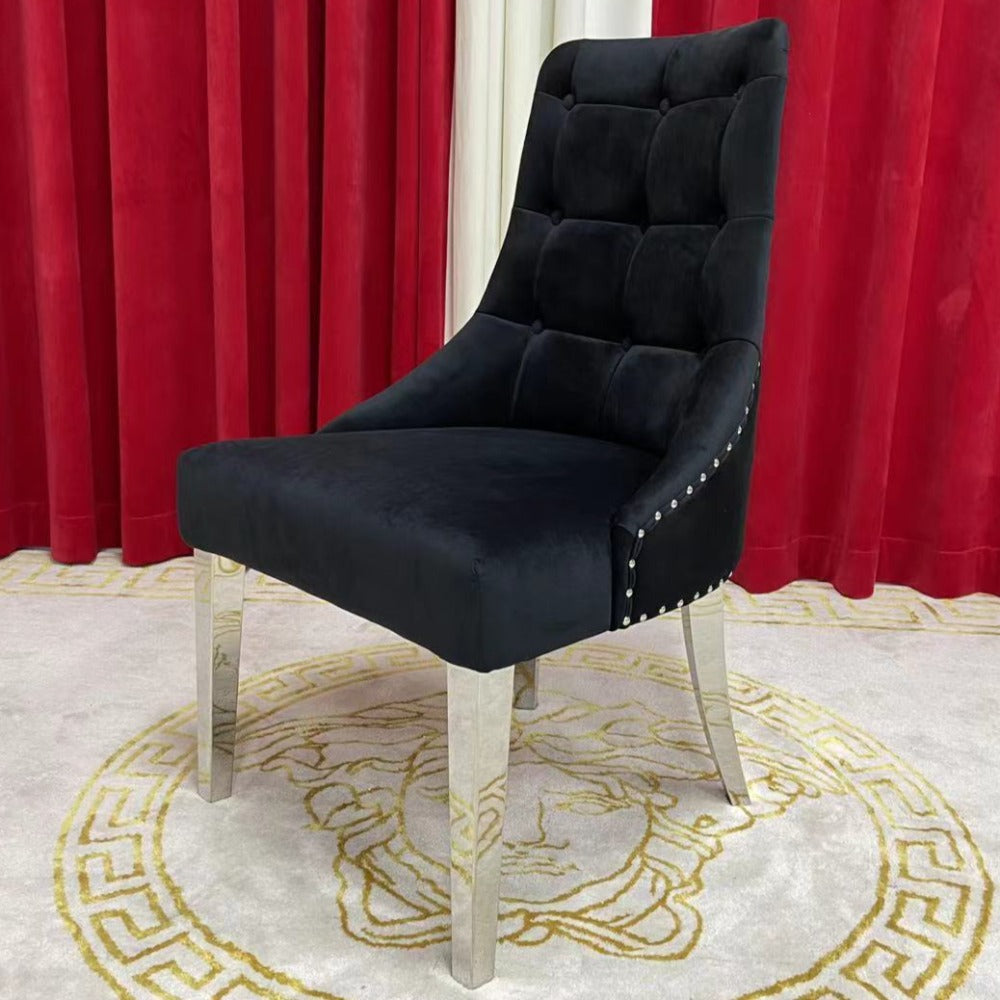 Marble Dining Table With Black Velvet Dining Room Chairs in Silver Stainless Steel Frame