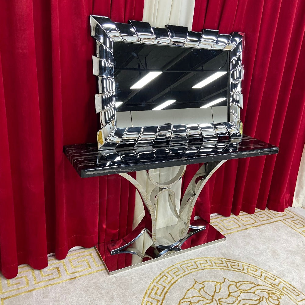 V8 Marble Hallway Console Table with Silver Stainless Steel Frame and Mirror