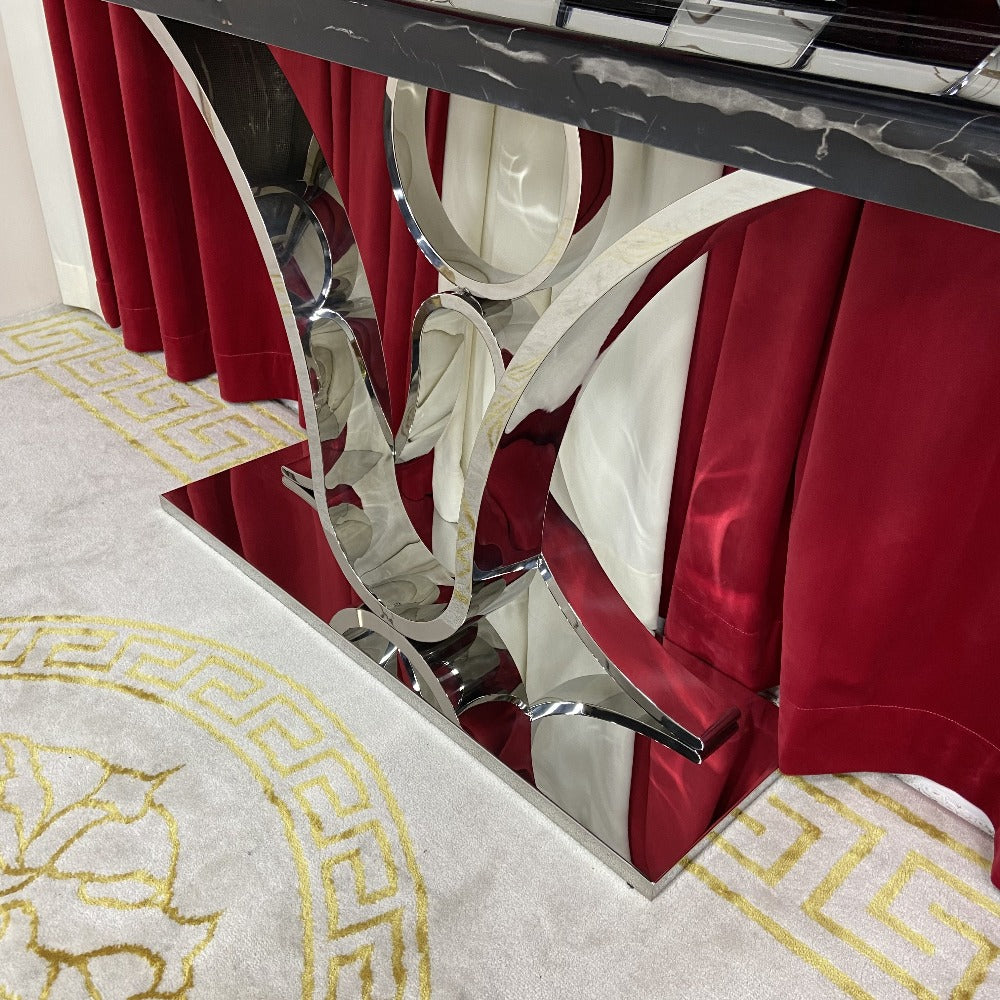 Modern V8 Marble Hallway Console Table with Silver Stainless Steel Frame