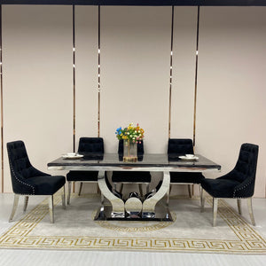 Classy Marble Dining Table with 6 Black Velvet Dining Chairs in Silver Stainless steel frame