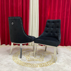 Marble Dining Table with 8 Black Velvet Dining Room Chairs in Silver Stainless Steel frame