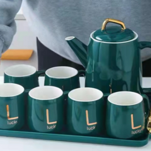 Modern, Luxury, Classy and Elegant Green Ceramic Tea Set, 6 Cups, Teapot and a Serving Tray