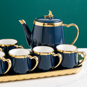 Blue Classy Modern Ceramic Tea Pot, Tea Cups and Serving tray with Golden Trim Edges