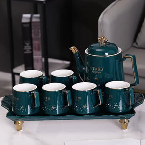 Tray and Classic and Traditional Ceramic Tea sets In Green and Gold Colours
