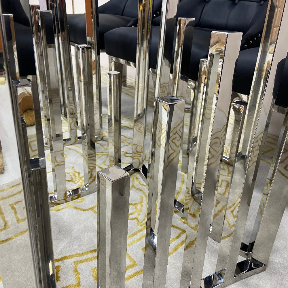 Elegant Marble Dining table with 6 Black Leather Dining Room Chairs in Stainless Steel Frame