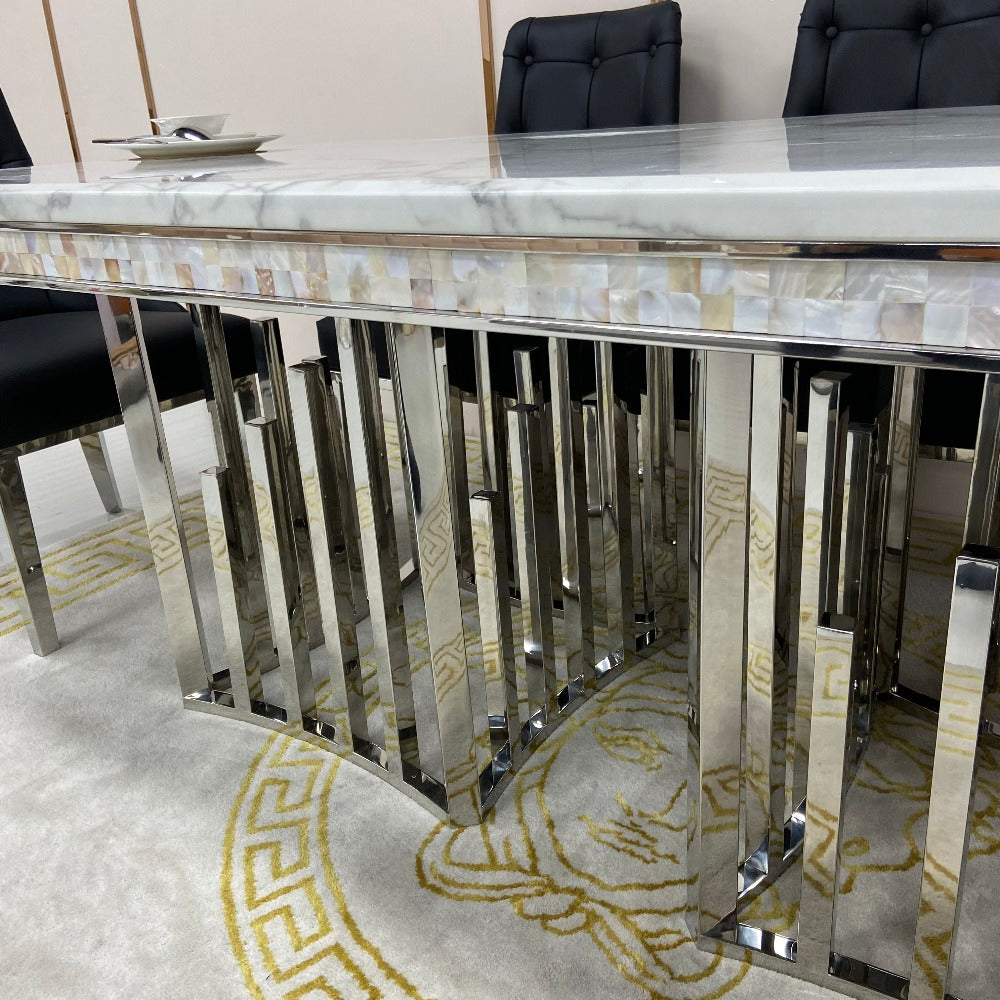 Elegant Marble Dining table with 6 Black Leather Dining Room Chairs in Silver Stainless Steel Frame