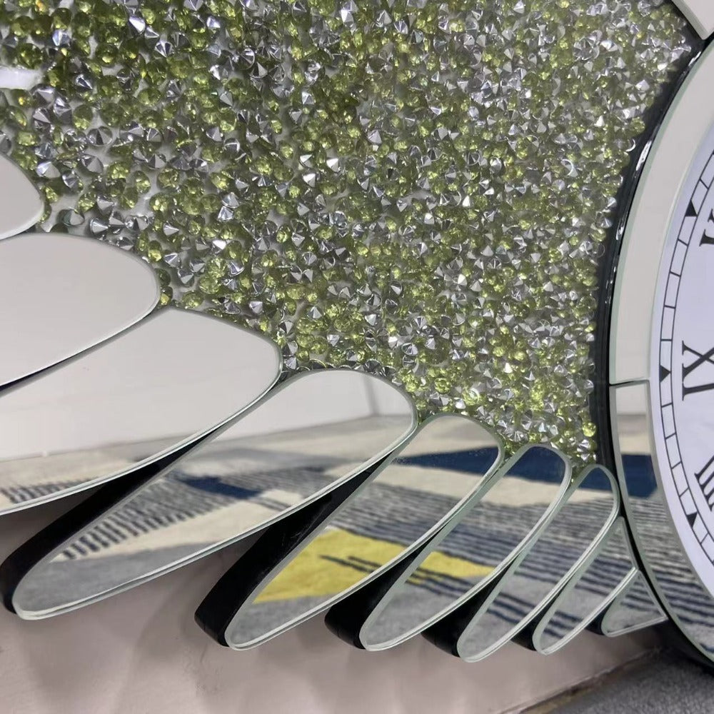 Classic Silent Glass Mirrored Wall Clock in Silver Diamond Crushed Glass Mirrored Silent Wall Clock with an Elegant, Luxurious Look for Perfect Decoration