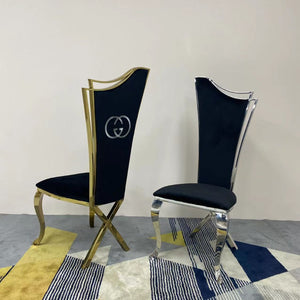 Classy Marble Dining Table With Black Velvet Classy GG Style Dining Room Chairs in Silver Stainless Steel Frame
