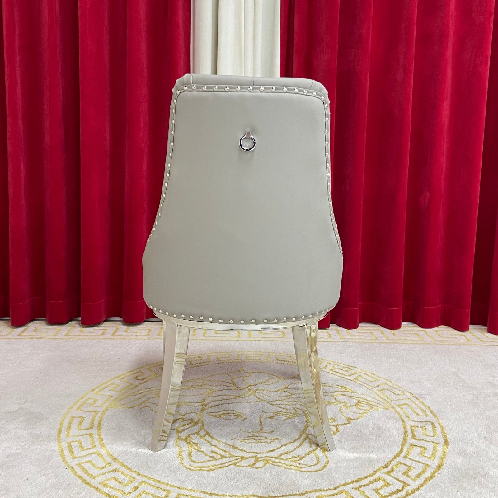 RBM Classic Home, Online Furniture Store with Modern and Stylish Grey Leather Dining Room Chairs in Silver Stainless Steel frame