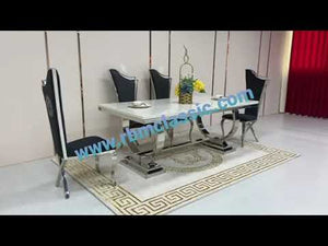 Marble Dining Table With Classy Black Velvet Dining Room Chairs in Silver Stainless Steel Frame
