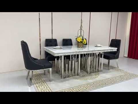 Elegant White Grey Marble Dining table with 6 Modern Black Leather Dining Room Chairs in Stainless Steel Frame. Best Dining Table with Real Marble